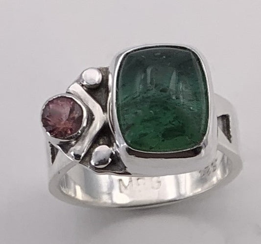 Green Tourmaline and Pink Spinel Silver Ring