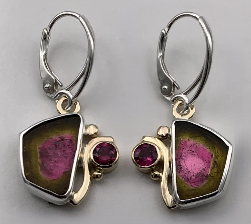 Watermelon Tourmaline and Rhodolite Garnets Silver/Gold Earrings