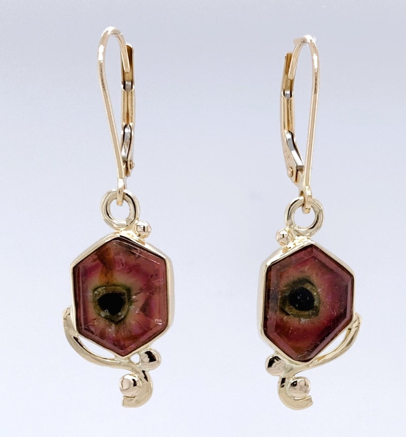 Watermelon Tourmaline Gold Earrings