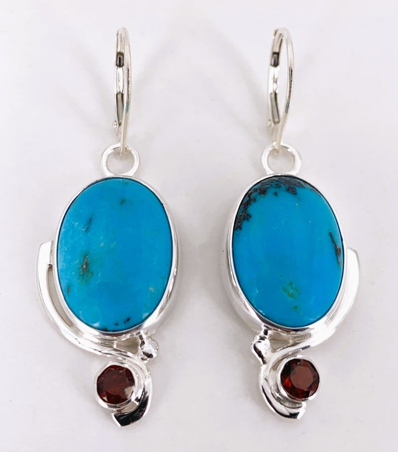 Turquoise and Garnet Silver Earrings