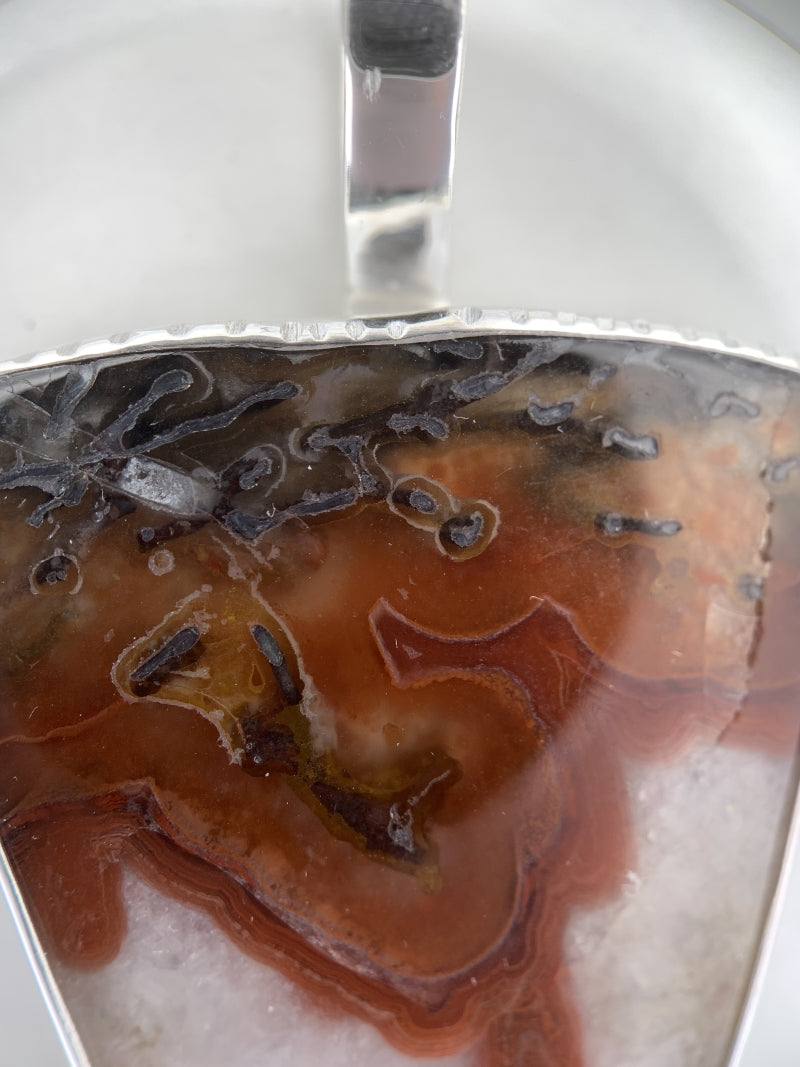 Fossil Dinosaur Bone and Hessonite Garnet Silver Pendant