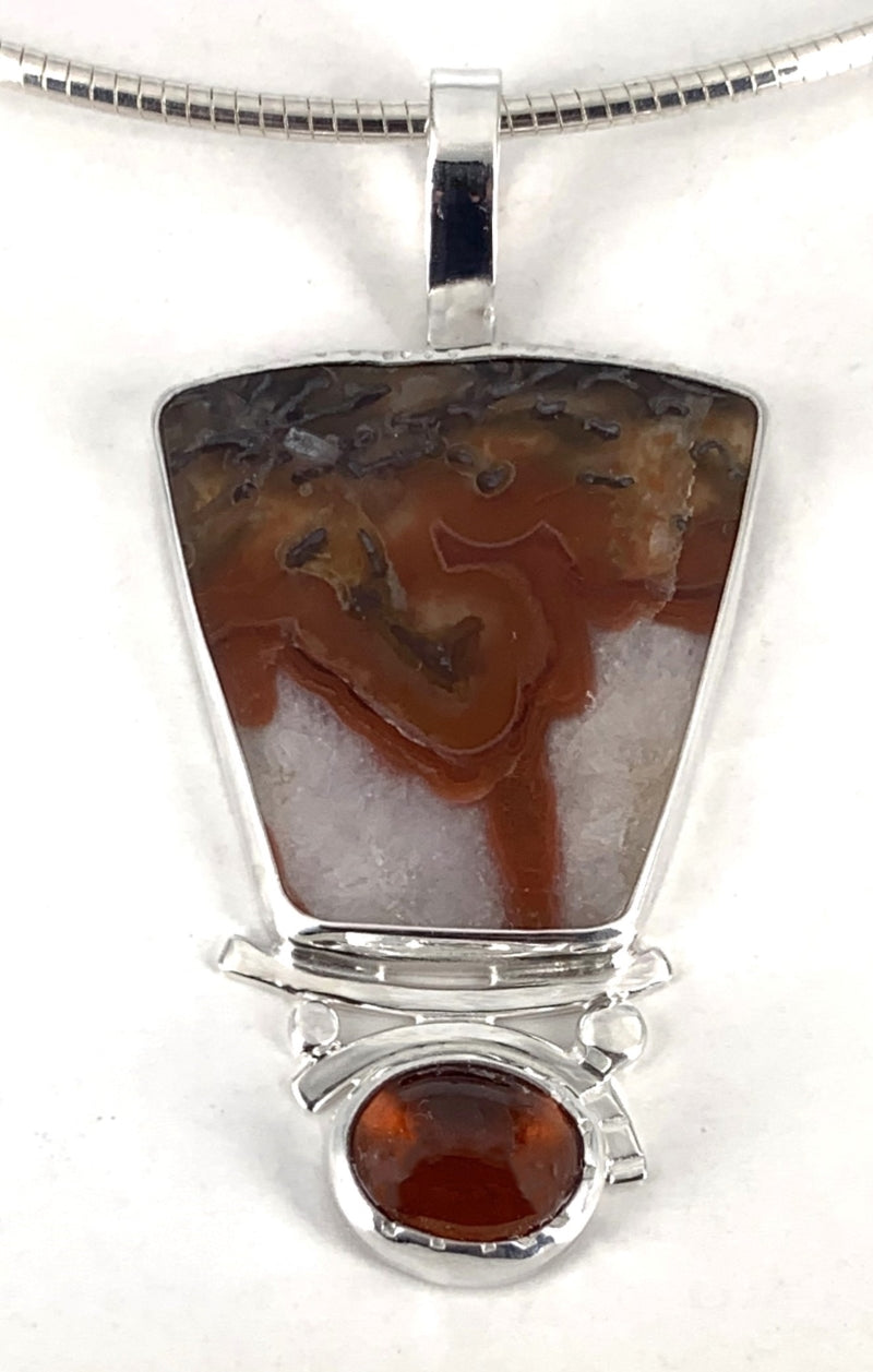 Fossil Dinosaur Bone and Hessonite Garnet Silver Pendant