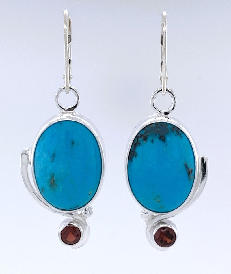 Turquoise and Garnet Silver Earrings