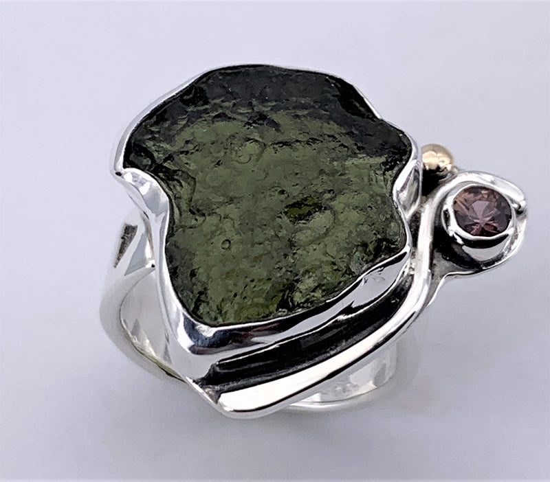 Moldavite/Sapphire Silver Ring