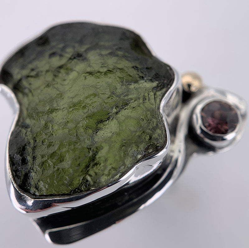 Moldavite/Sapphire Silver Ring