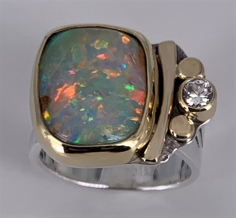 Australian Boulder Opal and Diamond Silver/Gold Ring