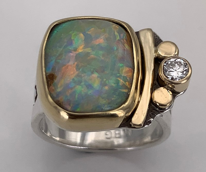 Australian Boulder Opal and Diamond Silver/Gold Ring