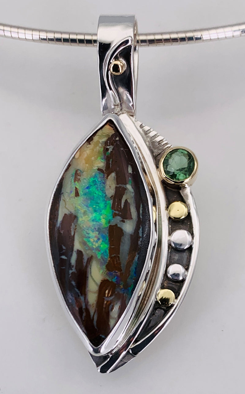 Australian Boulder Opal and Green Tourmaline Silver Pendant