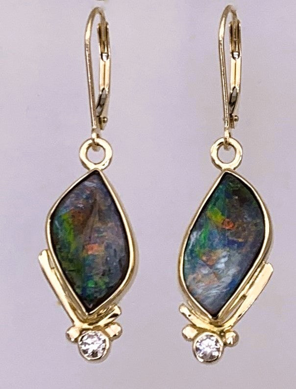 Australian Boulder Opal Splits and Diamond Gold Earrings