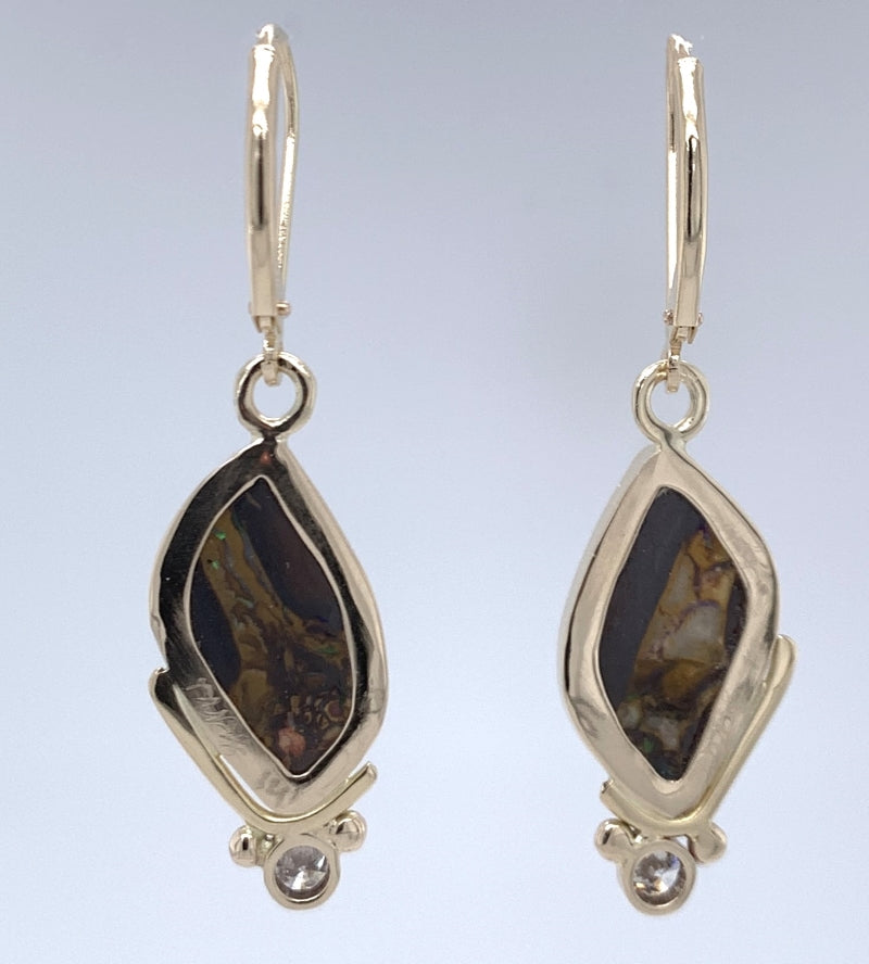 Australian Boulder Opal Splits and Diamond Gold Earrings