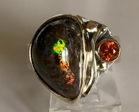 Australian Boulder Opal and Spessartine Garnet Silver /Gold Ring