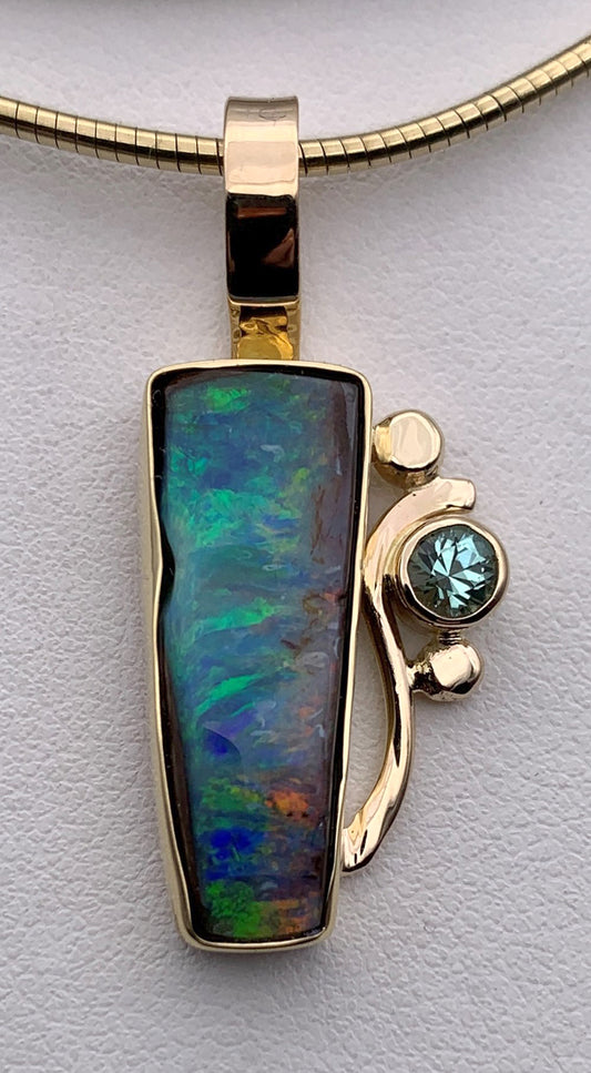 Australian Opal and Afghanistan Tourmaline Gold Pendant