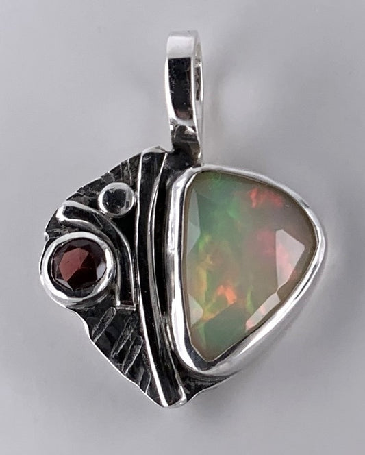 Ethiopian Opal and Garnet Silver Pendant