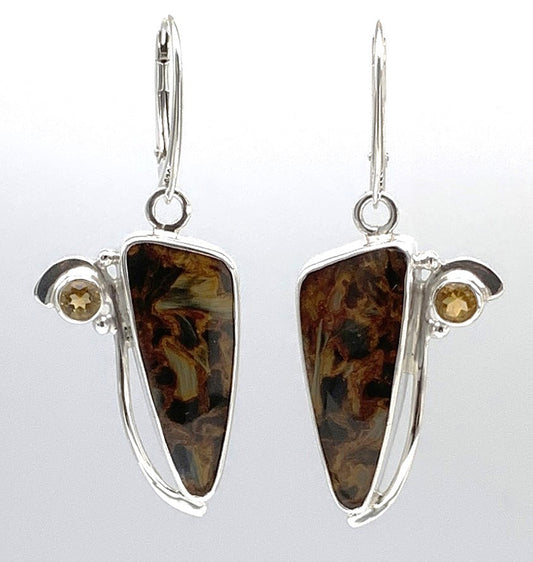 Pietersite and Citrine Silver Earrings