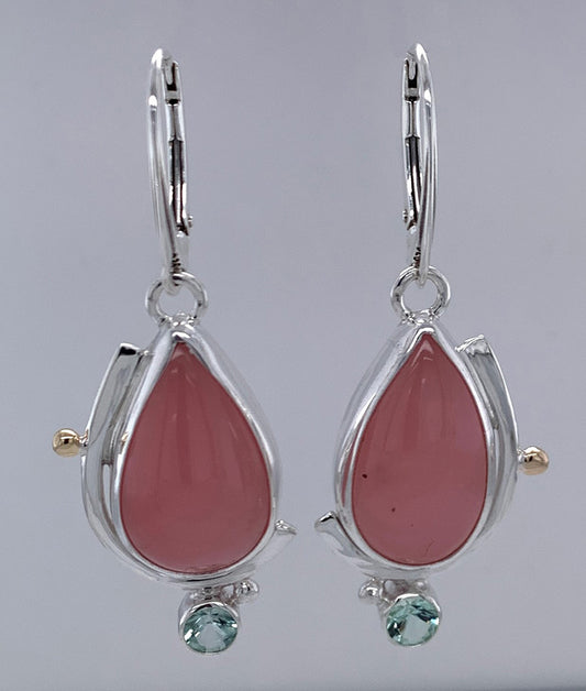 Peruvian Pink Opal and Tourmaline Silver/Gold Earrings