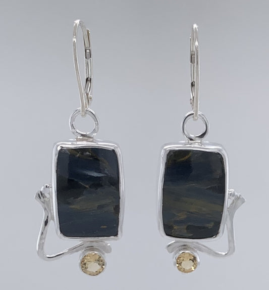 Pietersite and Citrine Silver Earrings