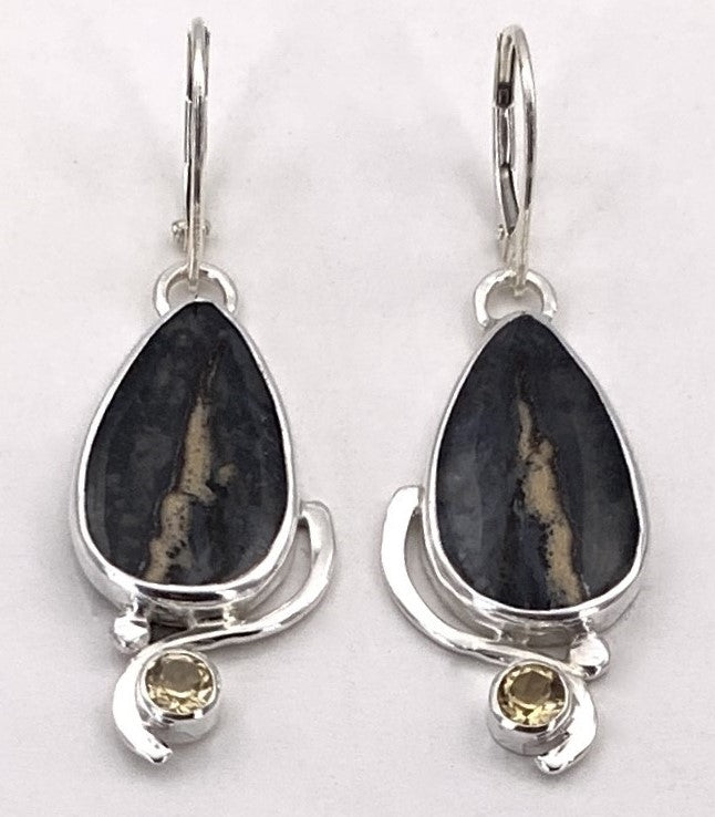 Plume Agate over/Black Jade and Silver Earrings
