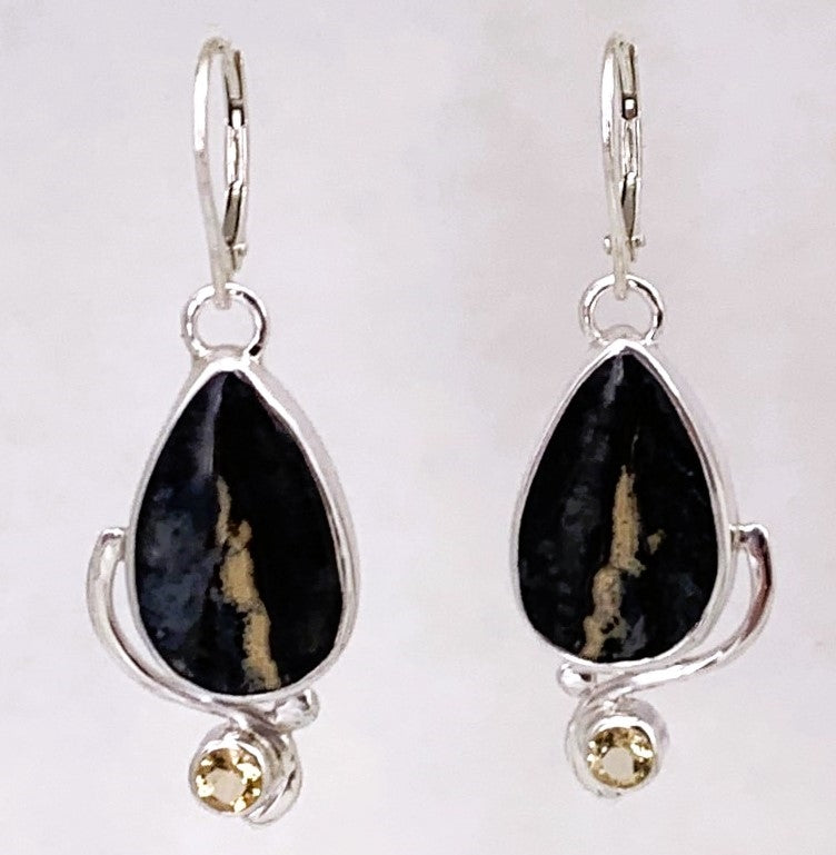 Plume Agate over/Black Jade and Silver Earrings