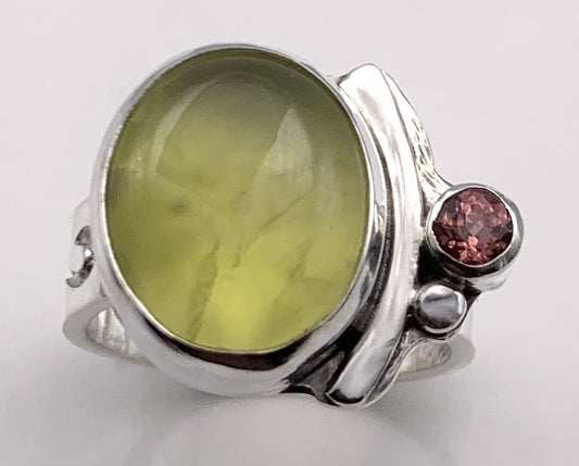 Australian Prehnite and Garnet Silver Ring