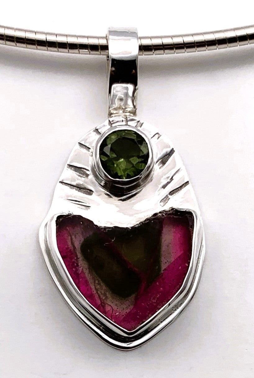 Watermelon Tourmaline and Moldavite Silver Pendant