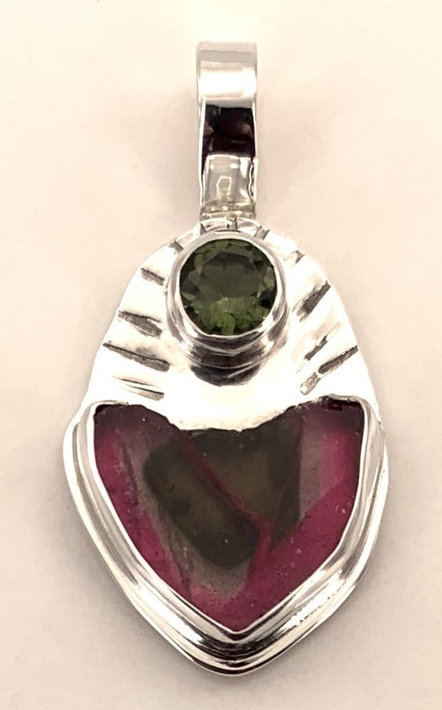 Watermelon Tourmaline and Moldavite Silver Pendant