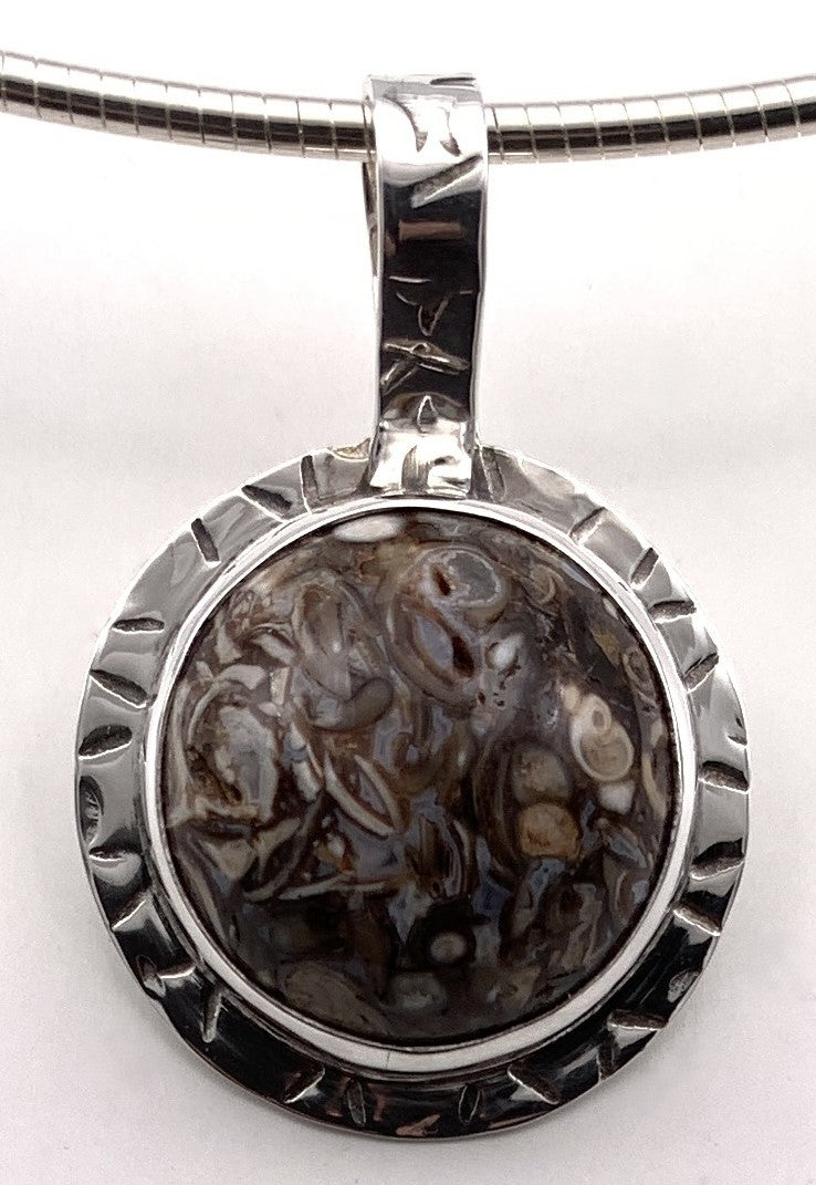 Turitella Fossils in Jasper Silver Pendant