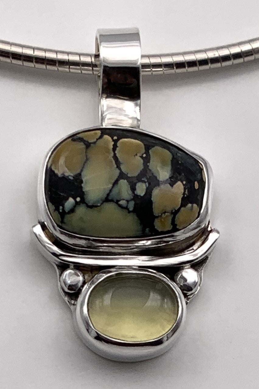 Varasite and Prehnite Silver Pendant