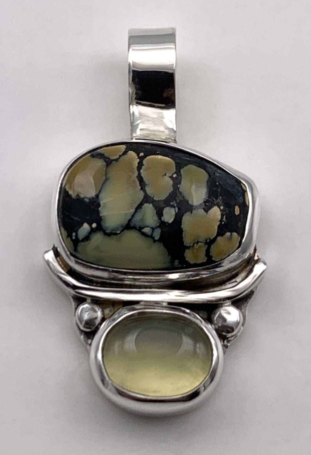 Varasite and Prehnite Silver Pendant