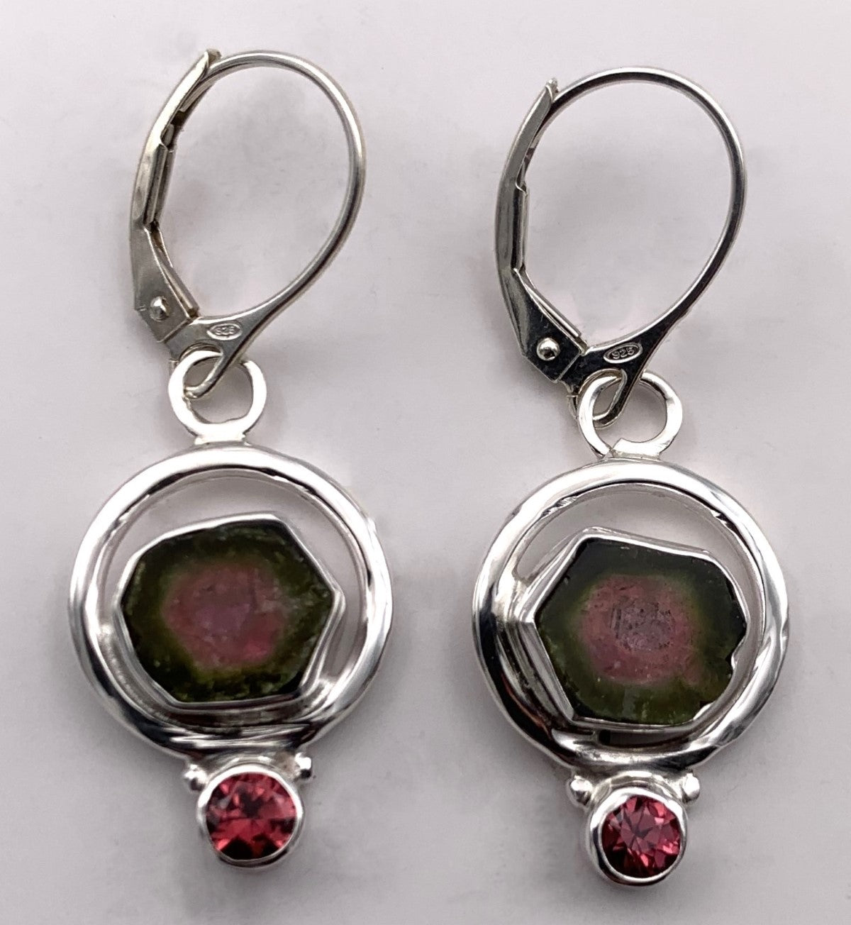 Watermelon Tourmaline and Garnet Silver Earrings