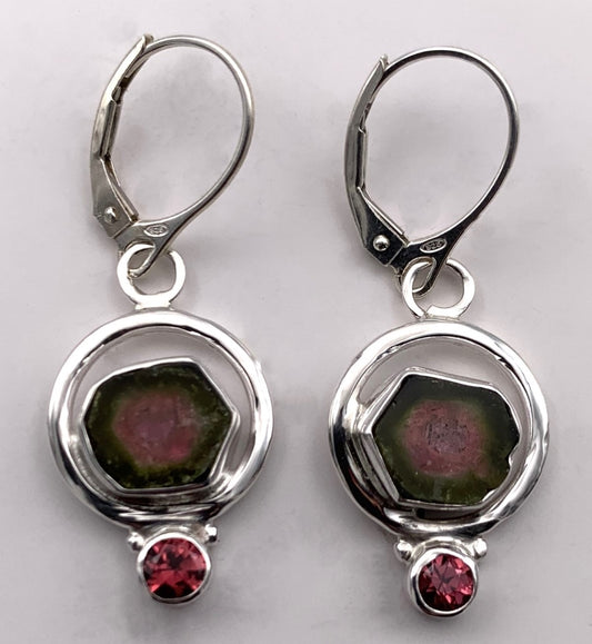 Watermelon Tourmaline and Garnet Silver Earrings