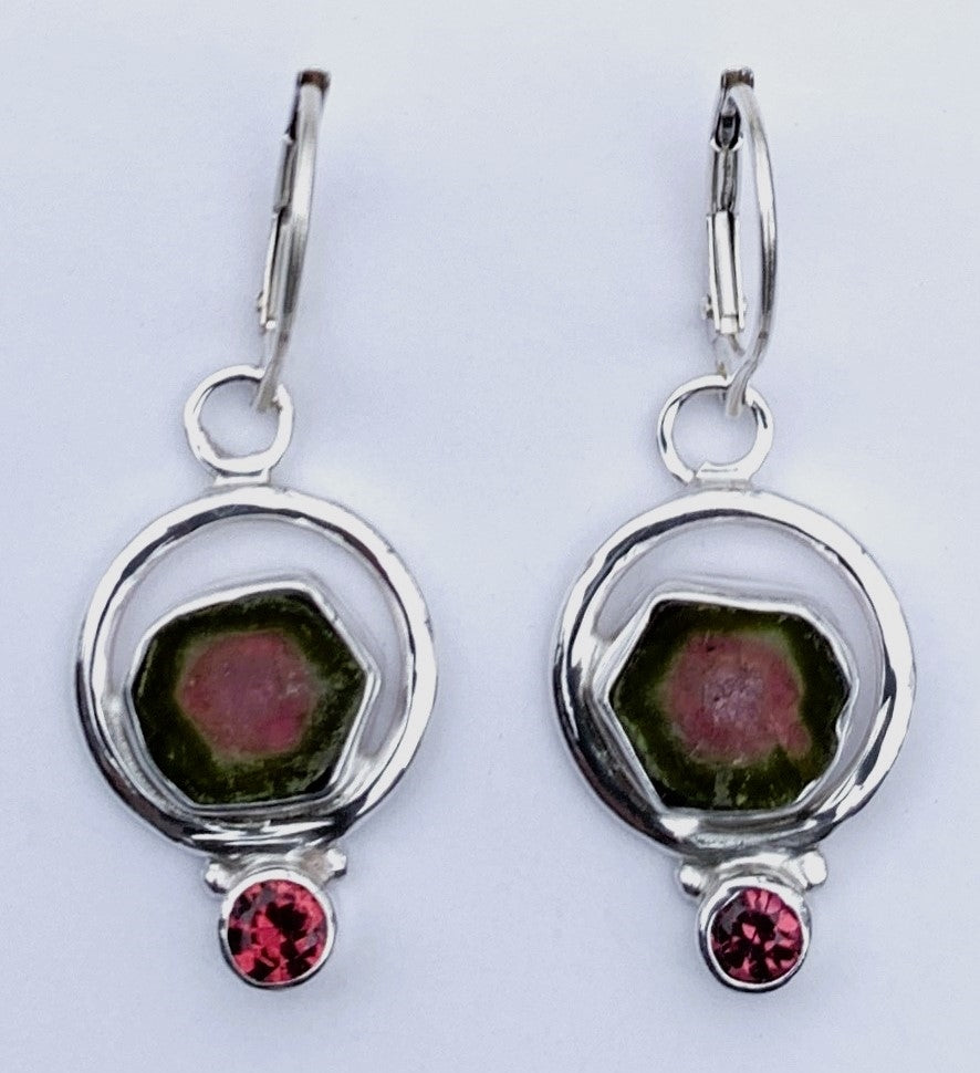 Watermelon Tourmaline and Garnet Silver Earrings