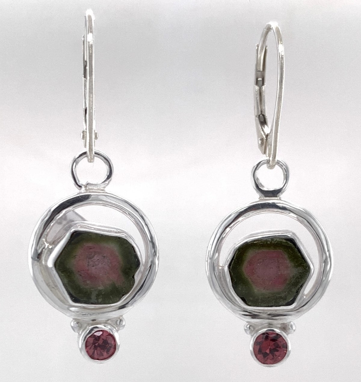 Watermelon Tourmaline and Garnet Silver Earrings