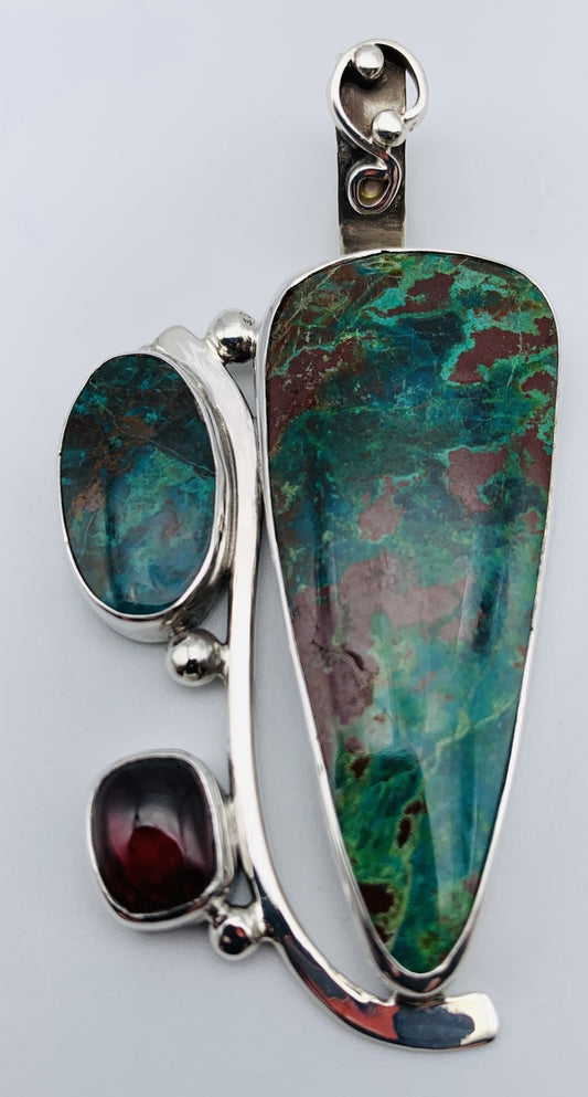 Parrot Wing/Chrysacola/Garnet Silver Pendant