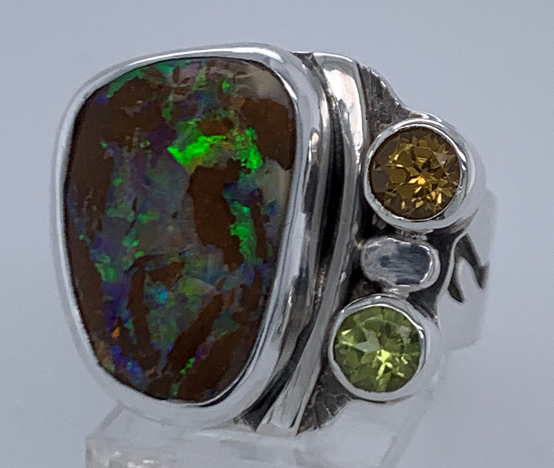 Australian Boulder Opal with Peridot and Chrysaberyl Silver Ring