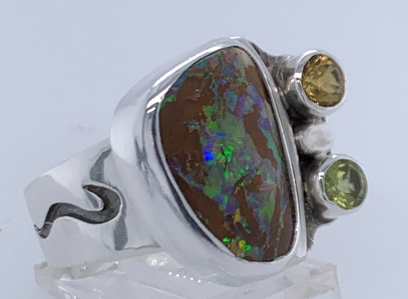 Australian Boulder Opal with Peridot and Chrysaberyl Silver Ring