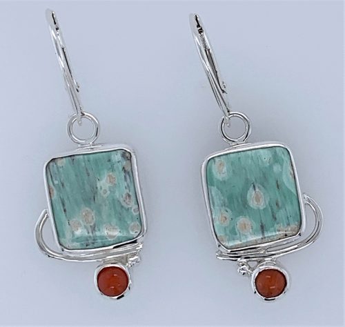 Green Jasper & Coral Silver Earrings