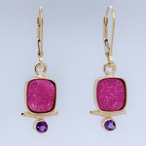 Cobaltoan Calcite Druzy and Amethyst Gold Earrings