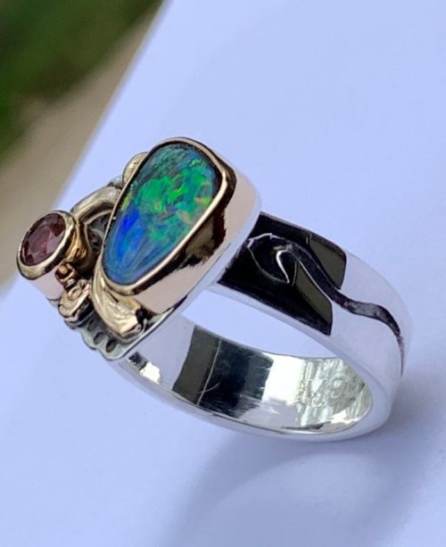 Australian Opal and Pomegranate Sapphire Silver/Gold Ring