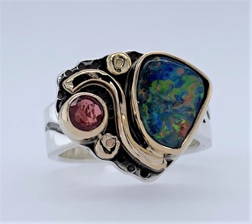 Australian Opal and Pomegranate Sapphire Silver/Gold Ring