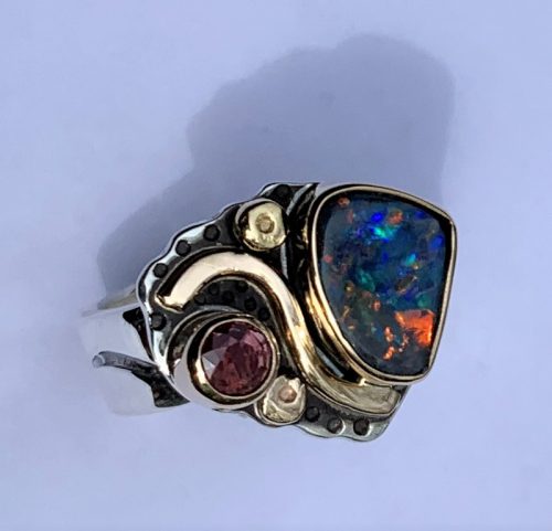 Australian Opal and Pomegranate Sapphire Silver/Gold Ring