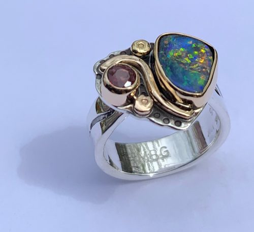 Australian Opal and Pomegranate Sapphire Silver/Gold Ring