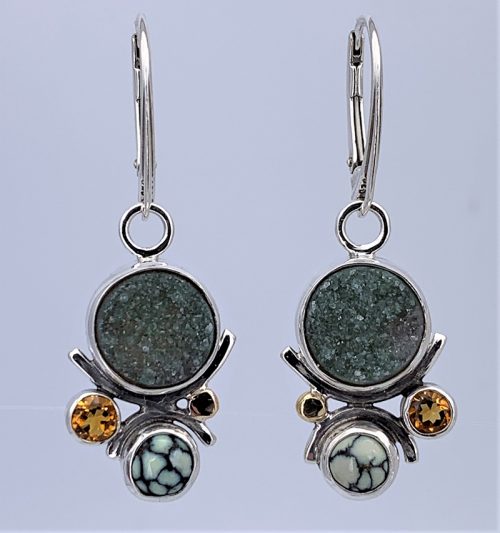 Druzy, Varasite and Citrine Silver Earrings