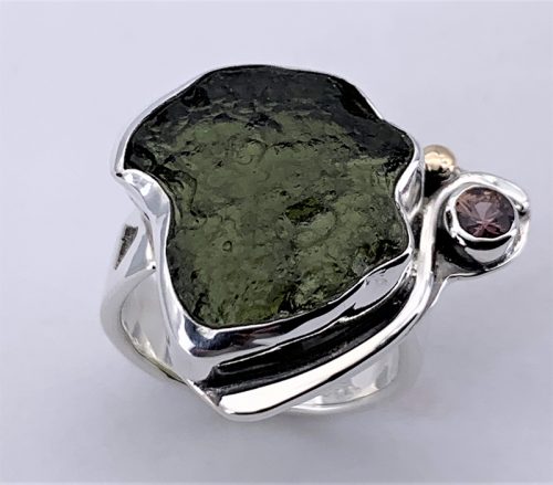 Moldavite/Sapphire Silver Ring