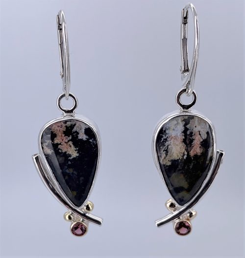 Plume Agate/Jade and Sapphire Silver/Gold Earrings