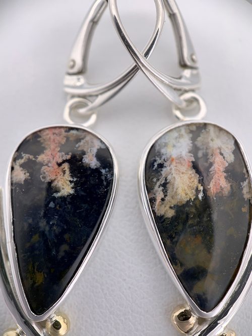 Plume Agate/Jade and Sapphire Silver/Gold Earrings