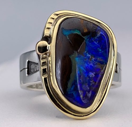 Australian Boulder Opal Blue/Teal Silver/Gold Ring