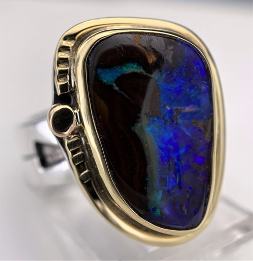 Australian Boulder Opal Blue/Teal Silver/Gold Ring