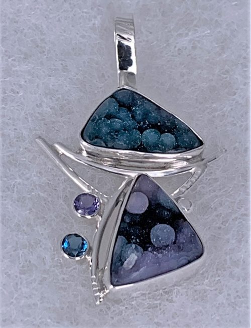 Smithsonite Druzes with Iolite and Topaz Silver Pendant