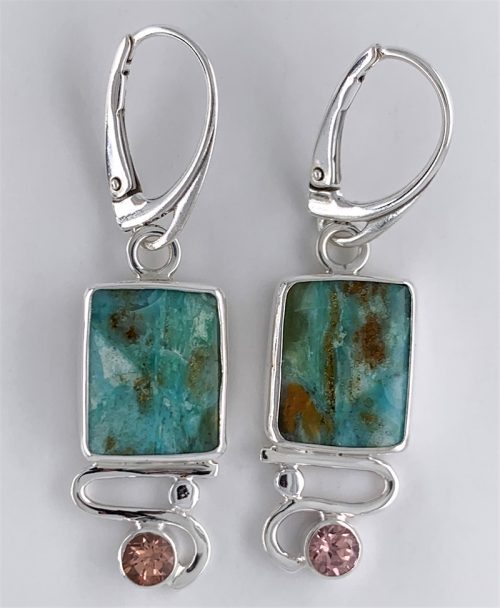 Fossil Opal Wood and Zircon Silver Earrings