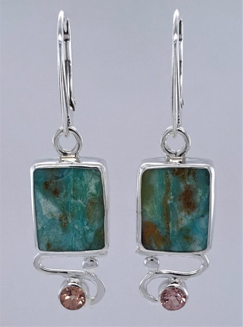 Fossil Opal Wood and Zircon Silver Earrings